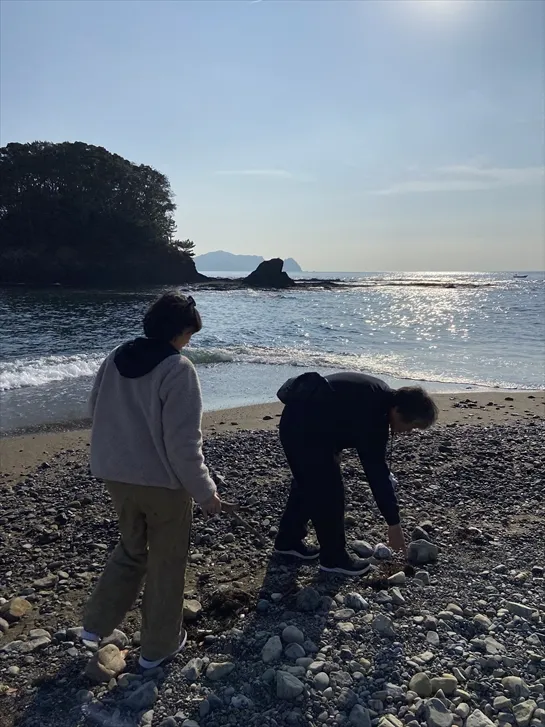 貝を拾うお父さんとお母さん