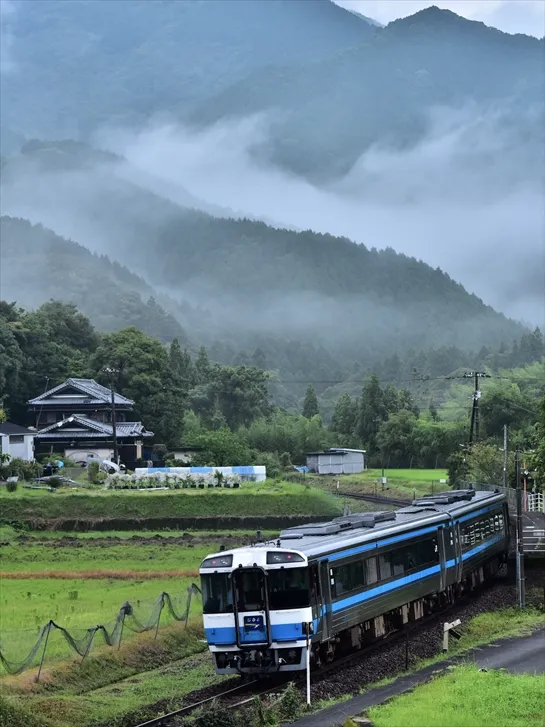朝靄の山越えへ向かう